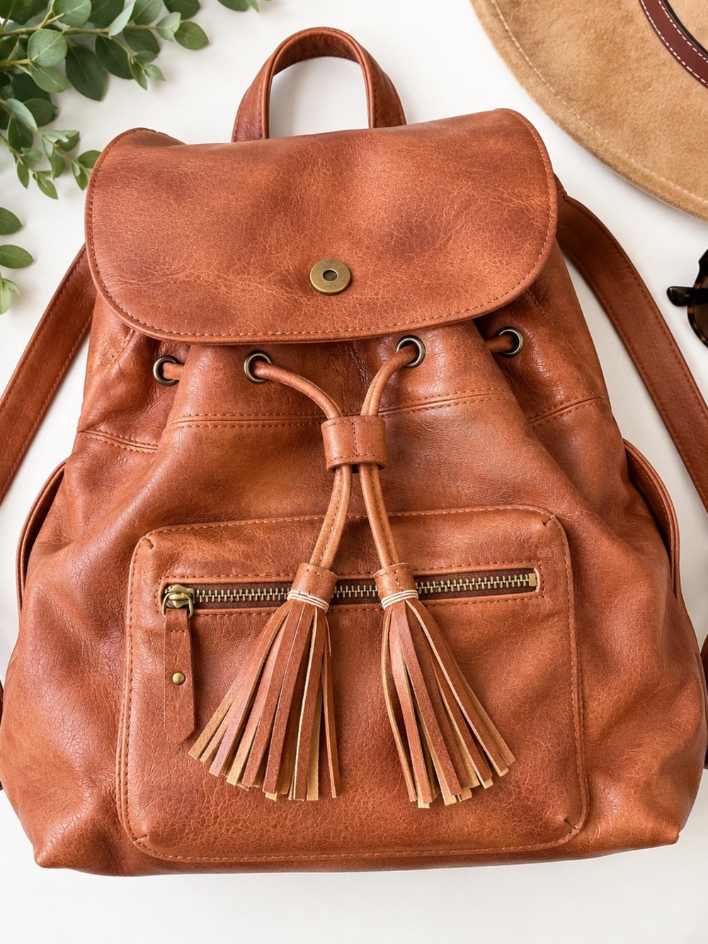 Urban Expressions Cognac Brown Tassel Drawstring Backpack Boho Vegan Leather